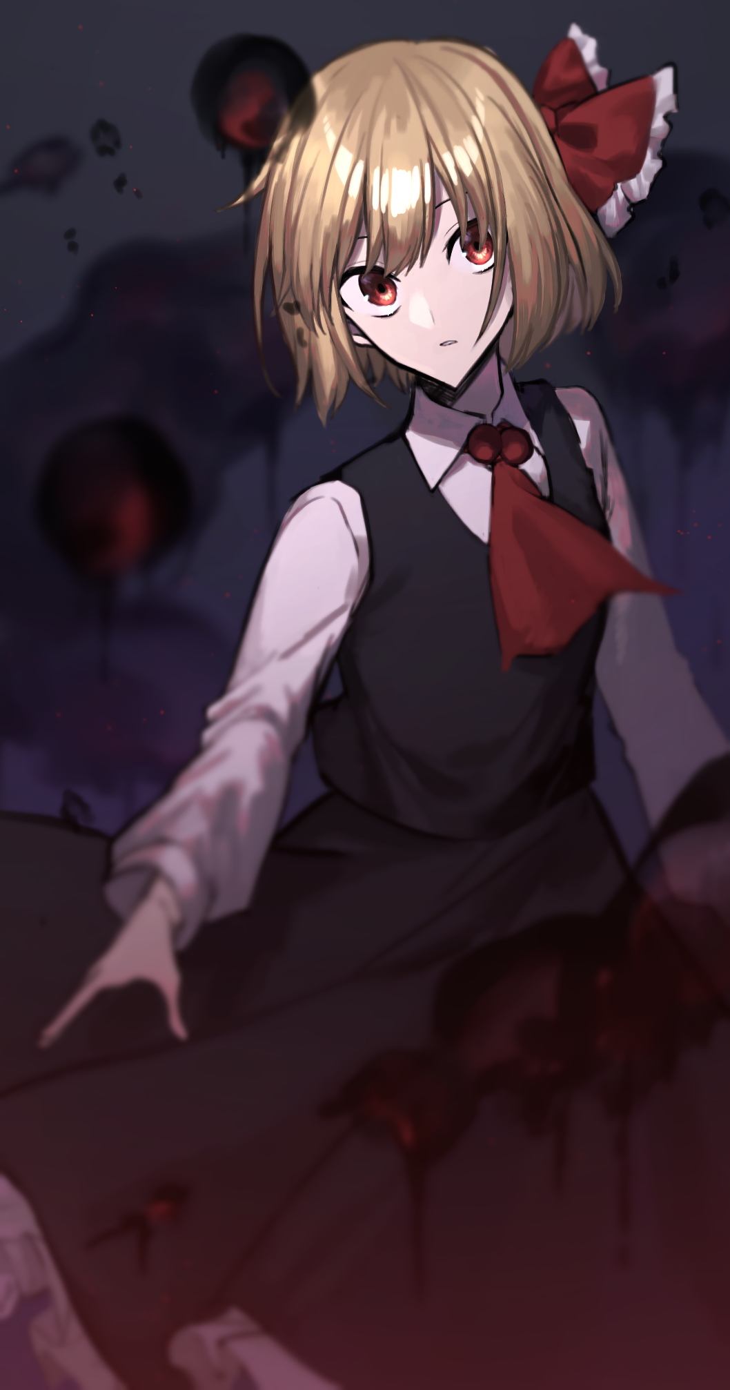 1girl ascot black_skirt black_vest blonde_hair blurry bow closed_mouth collared_shirt dark_background darkness depth_of_field frilled_bow frilled_skirt frills hair_bow highres long_skirt long_sleeves looking_at_viewer medium_hair otoshiro_kosame red_ascot red_bow red_eyes rumia shirt simple_background skirt skirt_set solo touhou vest white_shirt