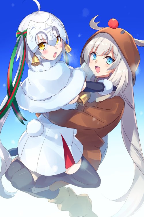 2girls animal_hood bell black_gloves black_thighhighs blue_eyes blush boots bow breasts brown_jacket capelet dress echo_(circa) elbow_gloves fate/grand_order fate_(series) fur-trimmed_capelet fur_trim gloves grey_hair hair_bow headpiece hood jacket jeanne_d'arc_alter_santa_lily_(fate) jingle_bell long_hair long_sleeves looking_at_viewer marie_antoinette_(fate) multiple_girls open_mouth ponytail reindeer_hood ribbon short_dress sidelocks small_breasts smile striped_bow striped_ribbon thigh-highs twintails very_long_hair white_capelet white_dress white_hair yellow_eyes