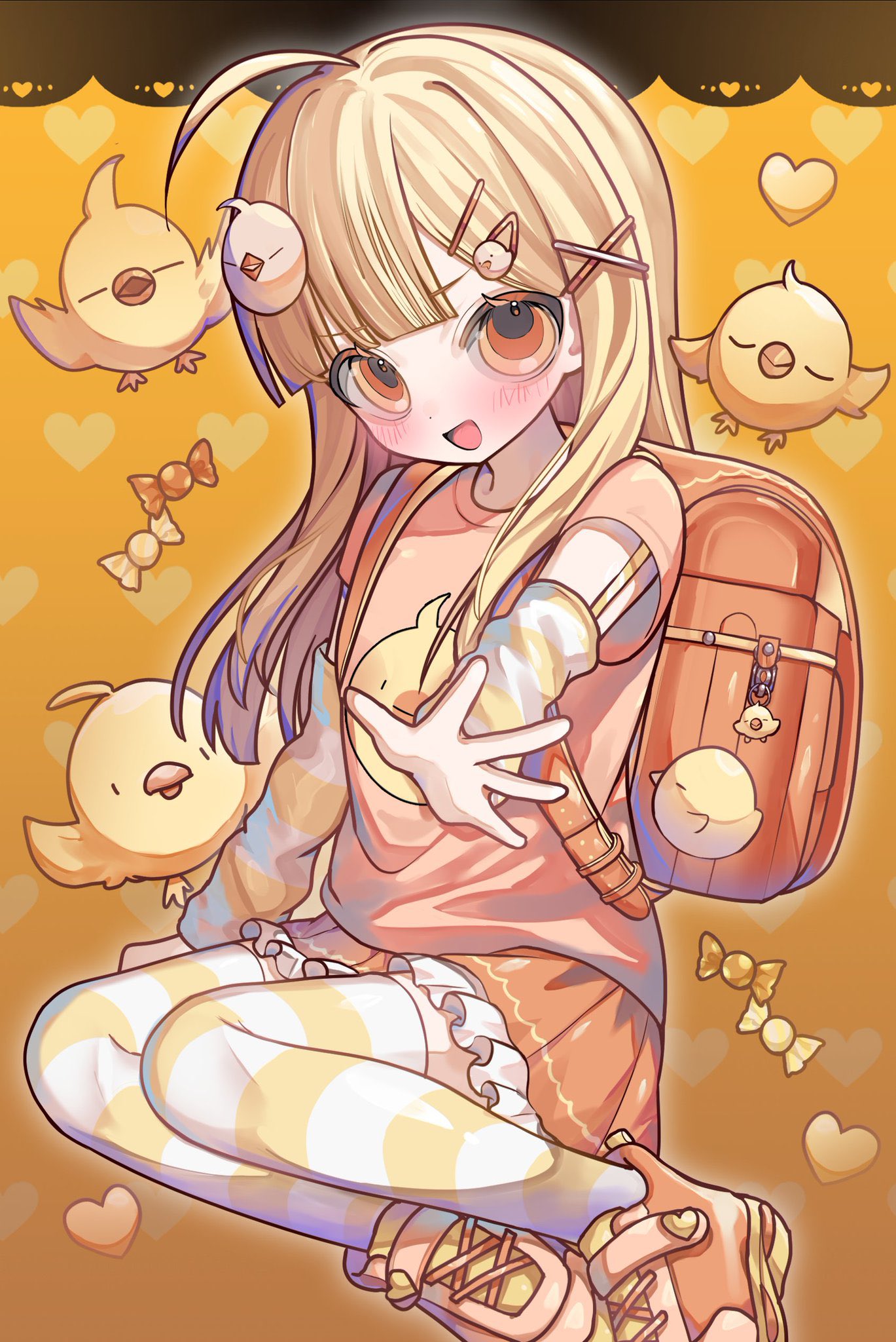 1girl ahoge backpack bag bird blonde_hair blush candy charm_(object) chick commentary detached_sleeves flat_chest food frilled_skirt frills hair_ornament hairclip highres long_hair looking_at_viewer miniskirt open_mouth orange_eyes original randoseru shirt shoes skirt smile sneakers solo striped_clothes striped_thighhighs symbol-only_commentary t-shirt thigh-highs x_hair_ornament yokubariyachii zettai_ryouiki