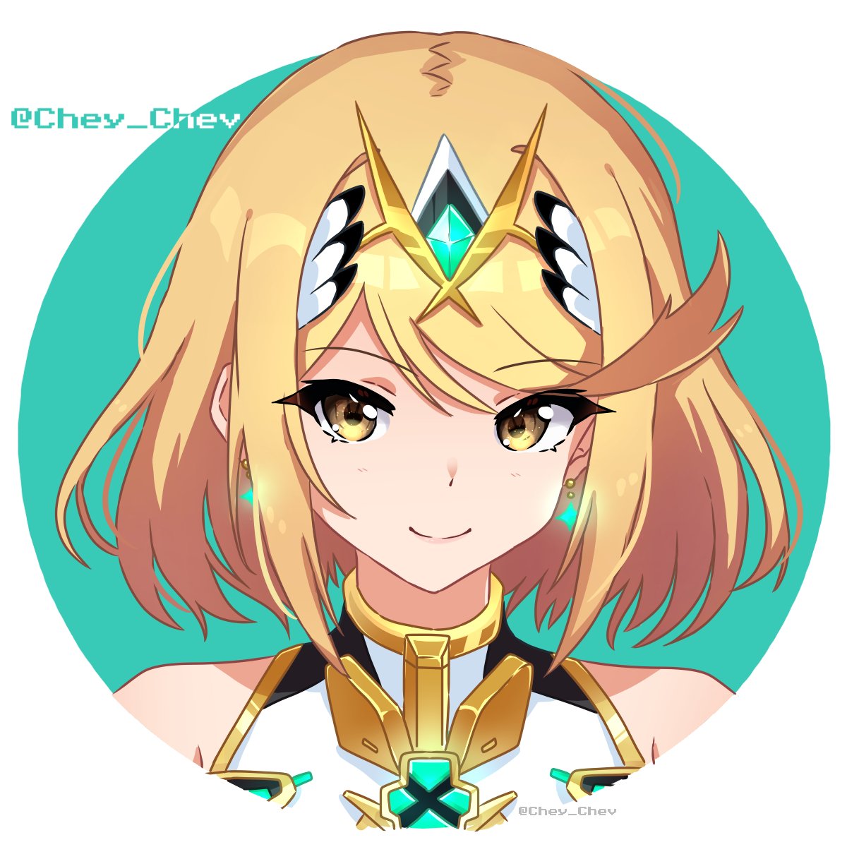 1girl alternate_hair_length alternate_hairstyle bare_shoulders blonde_hair chest_jewel cheychev closed_mouth earrings hair_ornament highres jewelry looking_at_viewer mythra_(xenoblade) short_hair smile solo swept_bangs twitter_username xenoblade_chronicles_(series) xenoblade_chronicles_2 yellow_eyes
