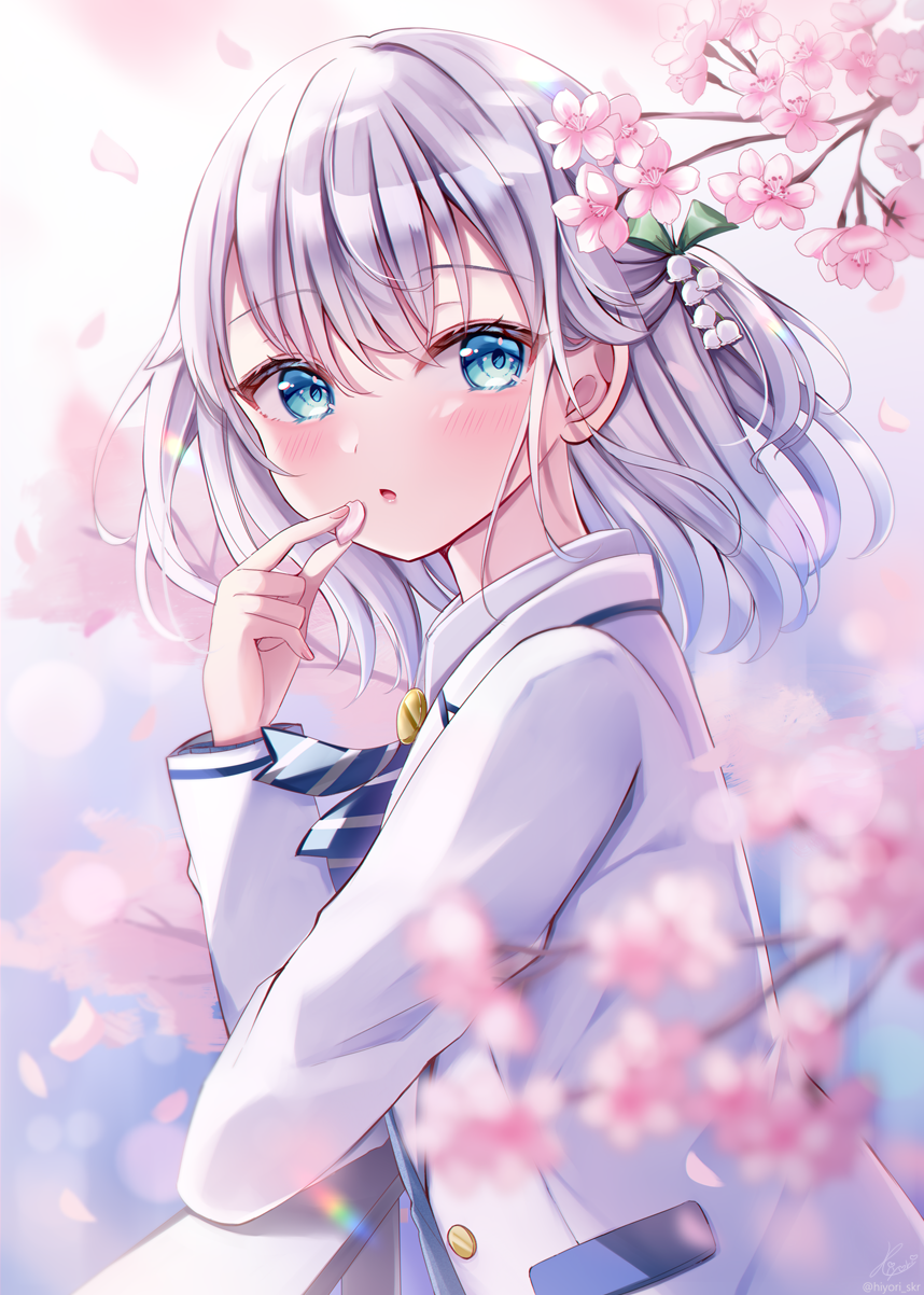 1girl blue_eyes blurry blurry_background blurry_foreground blush branch cherry_blossoms commentary_request depth_of_field flower grey_hair hand_up highres jacket long_sleeves looking_at_viewer looking_to_the_side original parted_lips petals pink_flower railing sakura_hiyori solo upper_body white_jacket