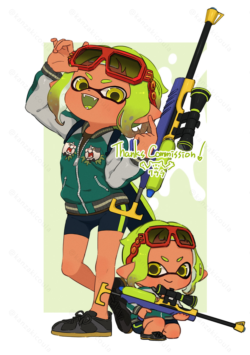 1girl bike_shorts black_footwear border commentary_request commission coula_cat cross-laced_footwear eyewear_on_head green_background green_hair gun holding holding_gun holding_weapon ink_tank_(splatoon) inkling inkling_girl inkling_player_character medium_hair multiple_views open_mouth outside_border pointy_ears red-framed_eyewear scope shoes smile splat_charger_(splatoon) splatoon_(series) splatoon_3 standing sunglasses tan teeth tentacle_hair thank_you weapon white_border