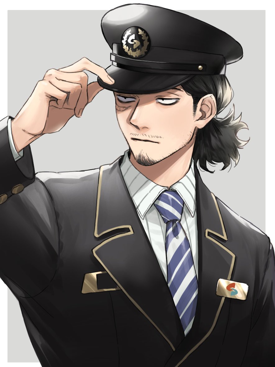 1boy bags_under_eyes black_hair black_jacket boku_no_hero_academia border closed_mouth collared_shirt eraser_head_(boku_no_hero_academia) facial_hair goatee grey_background hat jacket long_sleeves looking_ahead male_focus mature_male necktie peaked_cap rnuyvm scar scar_on_cheek scar_on_face shirt sideburns solo striped_necktie white_border white_shirt