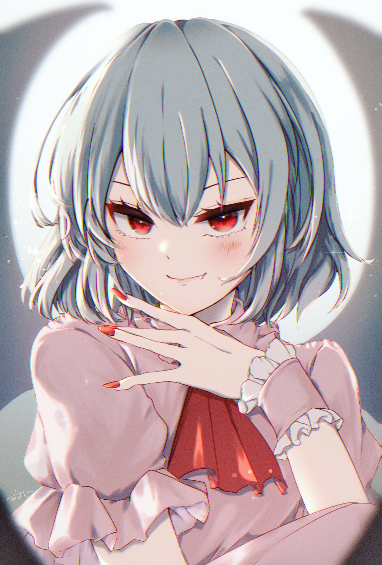 1girl aoi_(annbi) ascot bat_wings black_wings blush closed_mouth collared_shirt commentary fang fingernails frilled_shirt_collar frilled_sleeves frills grey_hair highres looking_at_viewer nail_polish pink_shirt red_ascot red_eyes red_nails remilia_scarlet shirt short_hair short_sleeves smile solo touhou upper_body wings