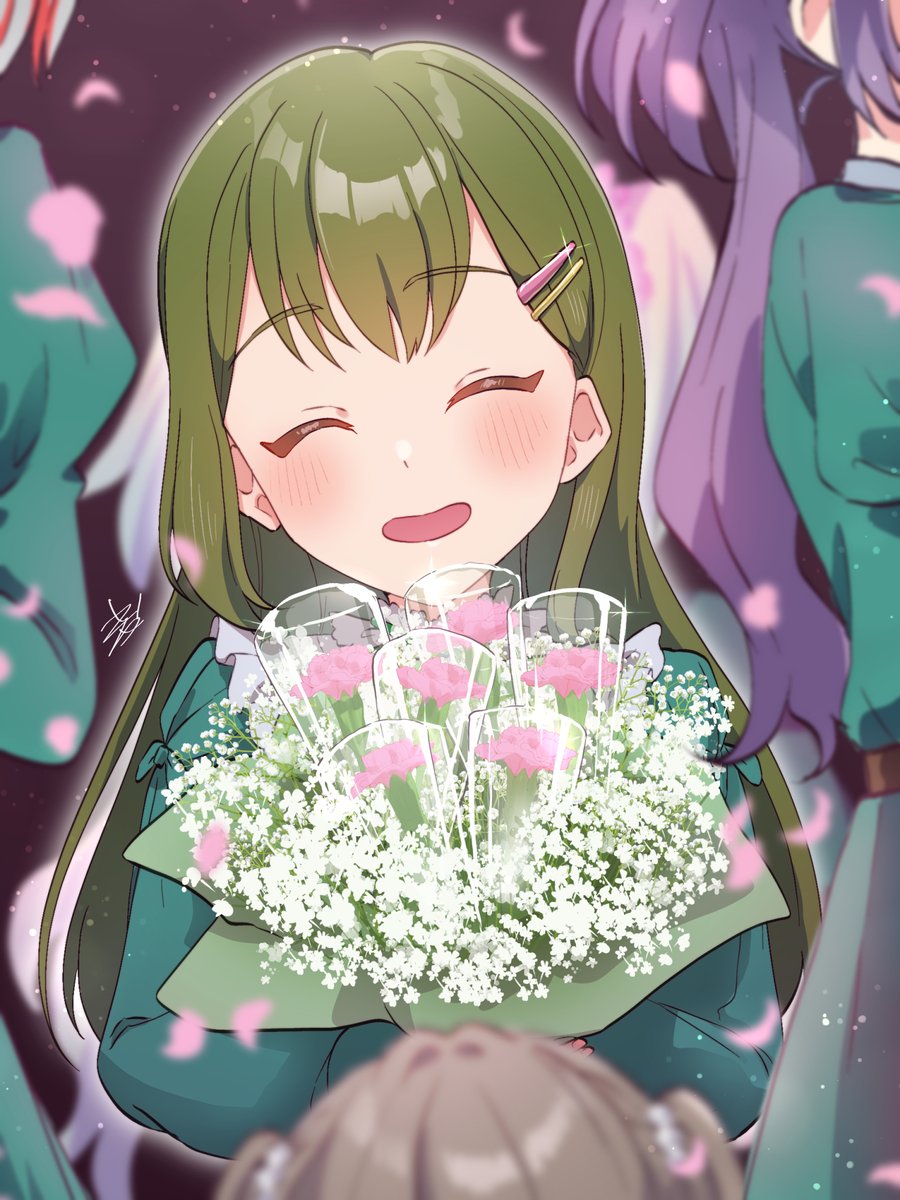 4girls ^_^ blurry blurry_background blurry_foreground blush bouquet brown_hair check_commentary closed_eyes commentary_request dakishimeru_hanabira_(love_live!) depth_of_field double-parted_bangs dress facing_viewer falling_petals flower fujishima_megumi green_dress green_hair grey_hair hair_ornament hairclip happy head_tilt highres holding holding_bouquet kyaku_tasu light_particles link!_like!_love_live! long_hair long_sleeves love_live! multicolored_hair multiple_girls oogami_sachi open_mouth otomune_kozue out_of_frame outline petals pink_flower purple_hair redhead short_hair side_ponytail signature smile solo_focus straight_hair streaked_hair two_side_up virtual_youtuber white_flower white_outline yugiri_tsuzuri