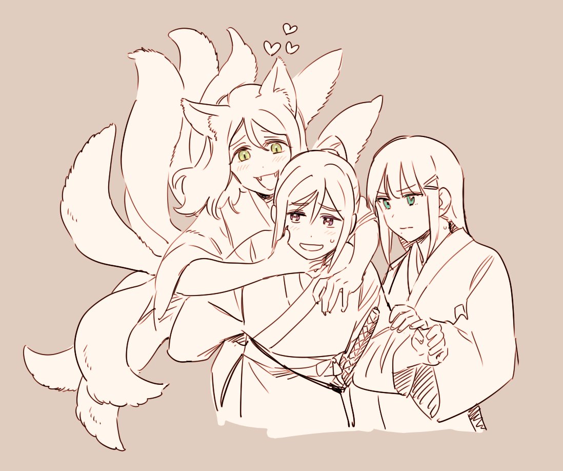 3girls animal_ears blush brown_background closed_mouth commentary_request fangs fox_ears fox_girl fox_tail green_eyes hair_ornament hairclip hand_on_another's_arm hand_on_another's_neck hand_on_another's_shoulder heart hug hug_from_behind japanese_clothes kemonomimi_mode kimono kitsune korean_commentary kurosawa_dia kyuubi long_hair love_live! love_live!_sunshine!! matsuura_kanan monochrome multiple_girls multiple_tails ohara_mari open_mouth parted_lips pito_(sh02327) simple_background slit_pupils smile spot_color sweatdrop sword tail violet_eyes weapon