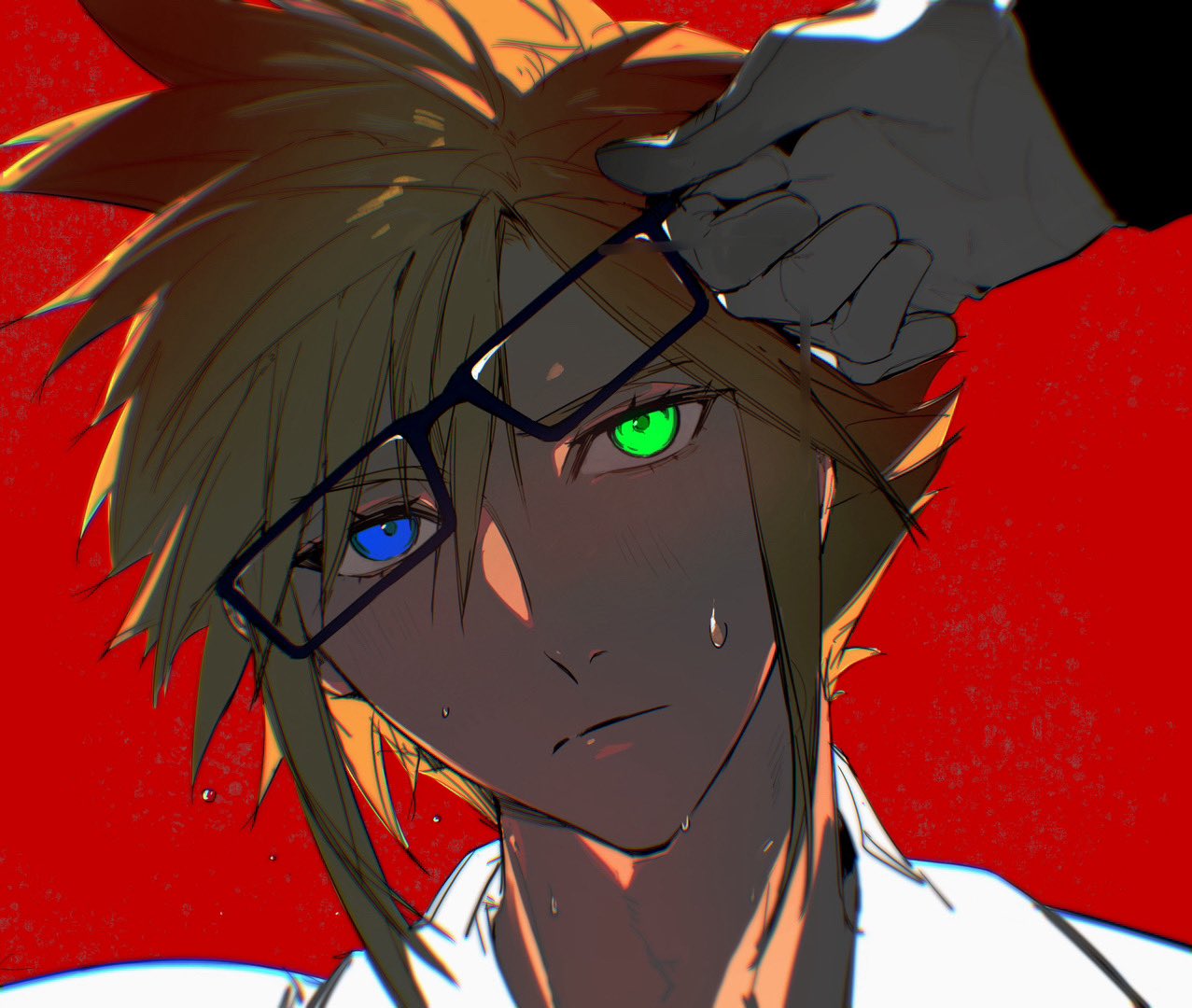 2boys blonde_hair blue_eyes cloud_strife eyewear_on_head final_fantasy final_fantasy_vii fui_(fui29493452) gloves glowing glowing_eyes green_eyes hand_on_another's_head heterochromia male_focus multiple_boys red_background sephiroth shirt simple_background solo_focus spiky_hair sweatdrop white_gloves white_shirt