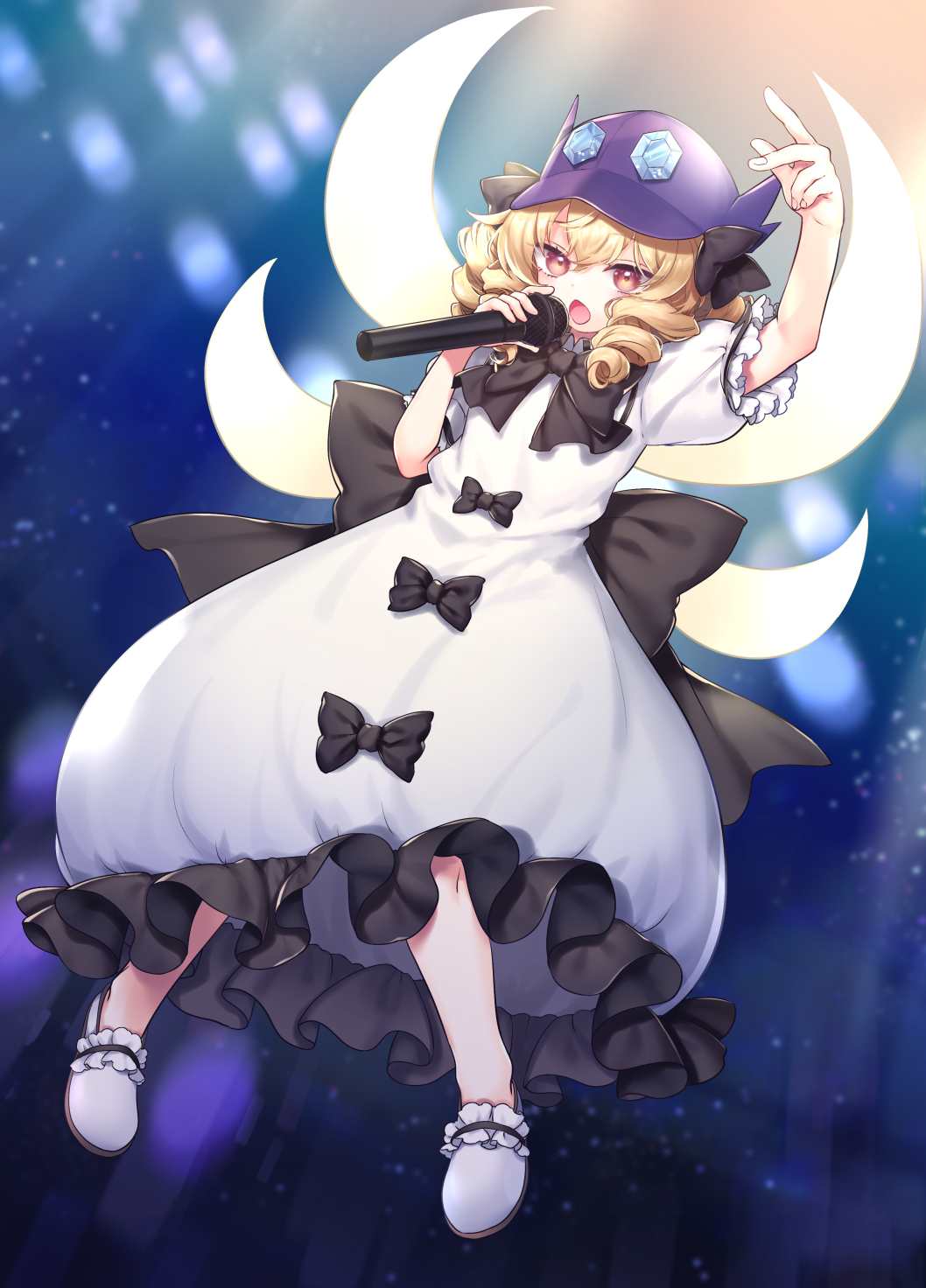 1girl black_bow blonde_hair blush bow commission dress drill_hair fairy fairy_wings frilled_dress frilled_sleeves frills full_body hair_between_eyes hat highres holding holding_microphone luna_child microphone open_mouth purple_hat red_eyes shoes short_hair short_sleeves skeb_commission solo tomobe_kinuko touhou white_dress white_footwear wings