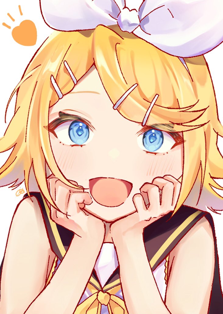 1girl bare_shoulders blonde_hair blue_eyes bow hair_bow hair_ornament hairclip hands_on_own_cheeks hands_on_own_face hands_up heart inuyama_(1109) kagamine_rin light_blush looking_at_viewer medium_hair neckerchief open_mouth portrait sailor_collar simple_background smile solo swept_bangs upper_body vocaloid white_background yellow_neckerchief