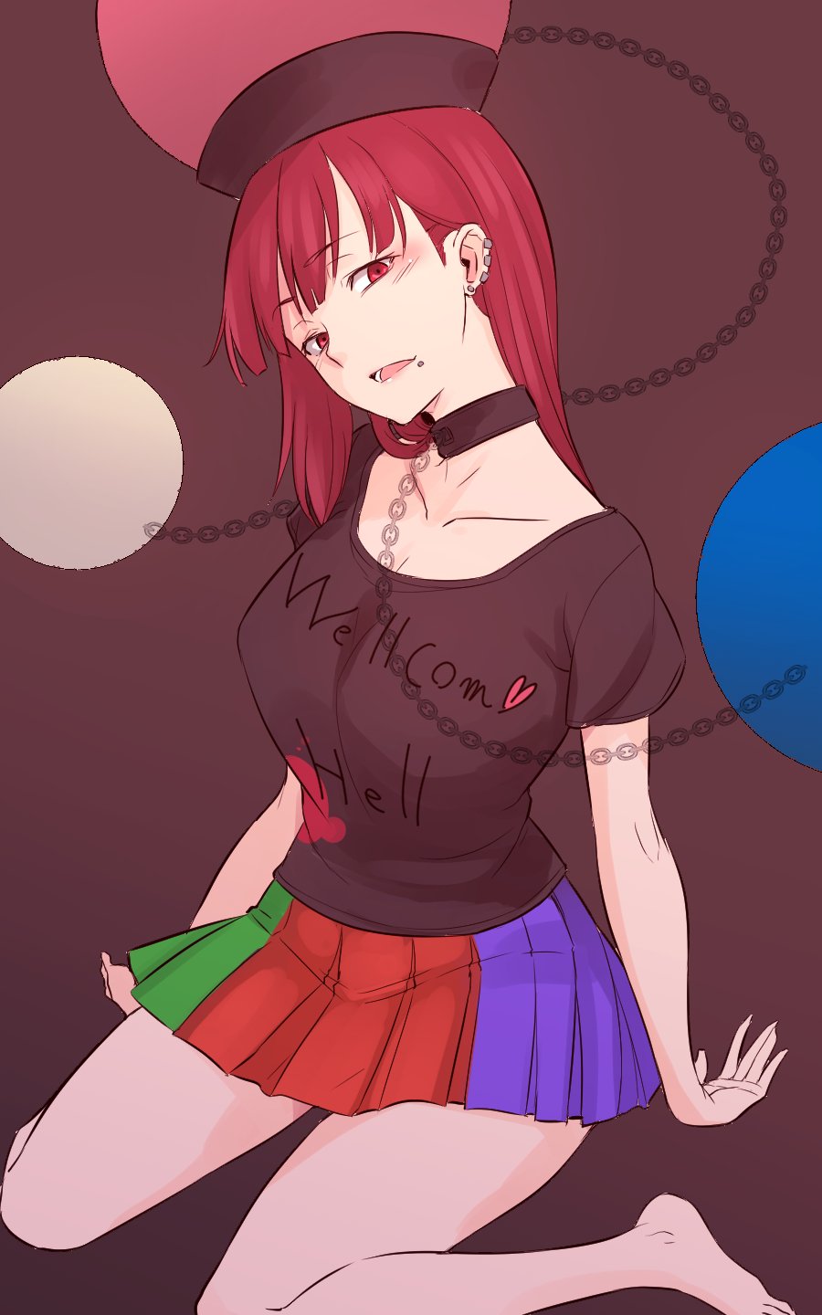 1girl barefoot black_background black_shirt chain choker clothes_writing commentary ear_piercing full_body hecatia_lapislazuli highres kakone looking_at_viewer medium_hair multicolored_clothes multicolored_skirt one-hour_drawing_challenge open_mouth piercing red_eyes redhead shirt simple_background sitting skirt solo touhou wariza