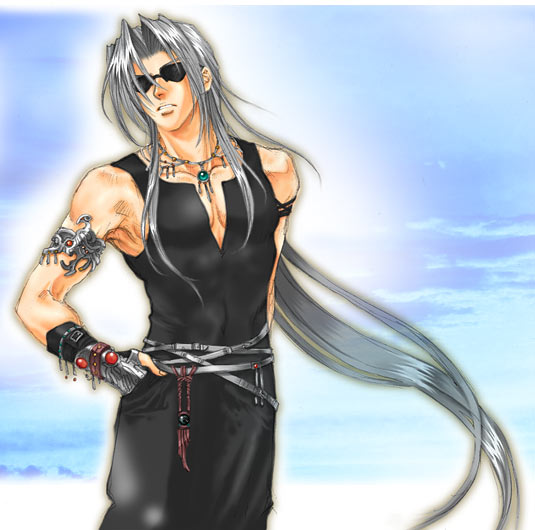 1boy alternate_costume arm_behind_back armlet artist_request belt black_gemstone black_gloves black_pants black_shirt black_tank_top blue_sky clouds cloudy_sky day final_fantasy final_fantasy_vii fingerless_gloves gem gloves green_gemstone grey_hair jewelry long_bangs long_hair looking_to_the_side male_focus mixed_media multiple_belts necklace outdoors outer_glow pants parted_bangs parted_lips pendant red_gemstone sephiroth shirt sky sleeveless solo source_request standing sunglasses tank_top upper_body v-neck very_long_hair