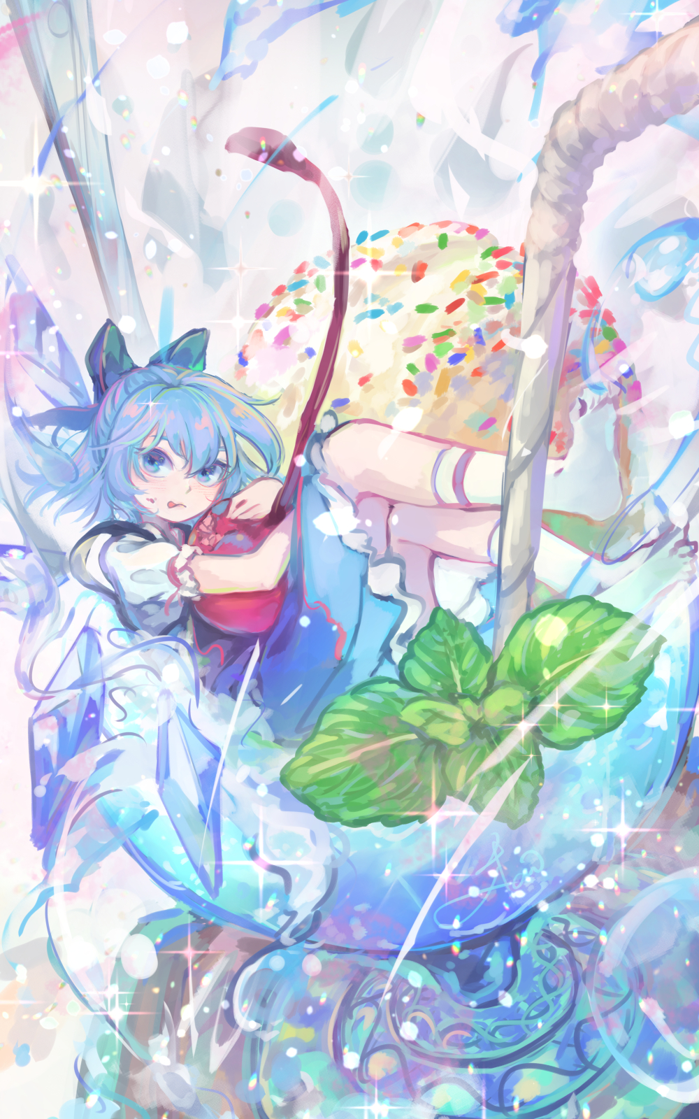 1girl :q blue_eyes blue_hair bow cherry cirno cyasha dress drink drinking_straw food fruit glint hair_bow highres ice ice_cream ice_cream_float looking_at_viewer mini_person minigirl mint puffy_short_sleeves puffy_sleeves short_sleeves socks solo sparkle sprinkles tongue tongue_out touhou white_socks wings