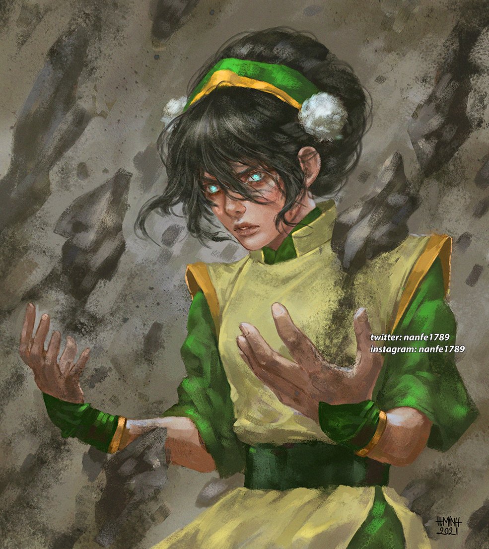 1girl 2021 artist_name avatar:_the_last_airbender avatar_legends black_hair commentary cowboy_shot english_commentary green_hairband green_shirt grey_eyes hair_between_eyes hair_ornament hairband instagram_username nanfe shirt short_sleeves signature solo teeth toph_bei_fong twitter_username yellow_hairband