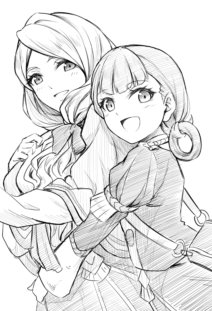 2girls annette_fantine_dominic bag bow fire_emblem fire_emblem:_three_houses garreg_mach_monastery_uniform greyscale hair_bow hair_rings long_hair long_sleeves looking_at_viewer mercedes_von_martritz monochrome multiple_girls open_mouth puffy_long_sleeves puffy_sleeves shoulder_bag simple_background smile ten_(tenchan_man) upper_body white_background