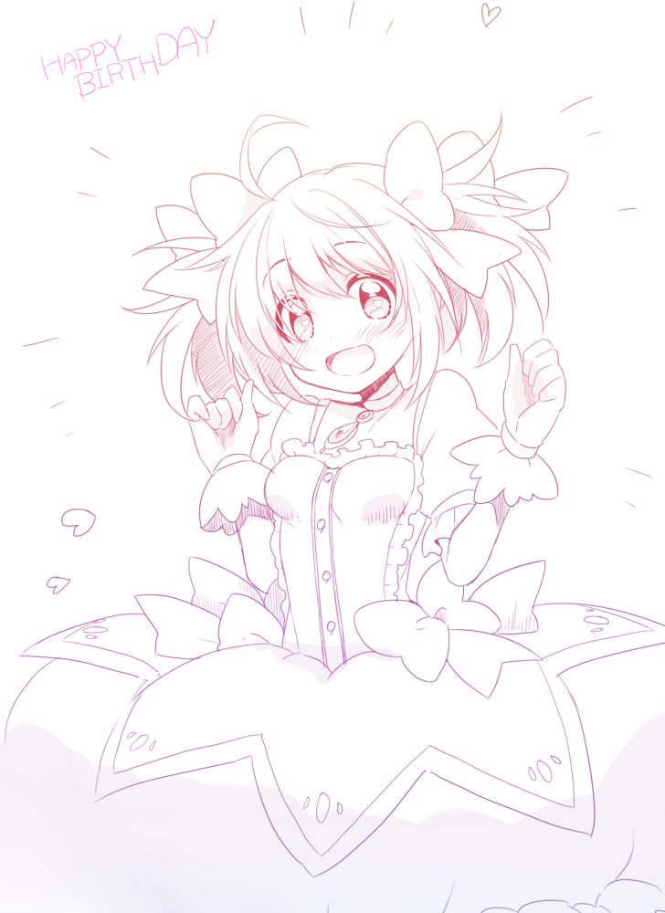 1girl ahoge bow bubble_skirt buttons center_frills chest_jewel choker colored_lineart commentary_request cowboy_shot dress dress_bow frilled_dress frilled_skirt frilled_sleeves frills gloves hair_bow happy_birthday heart kaname_madoka light_blush lineart looking_at_viewer magical_girl mahou_shoujo_madoka_magica mahou_shoujo_madoka_magica_(anime) miniskirt notice_lines open_mouth puffy_short_sleeves puffy_sleeves short_dress short_hair short_sleeves short_twintails simple_background skirt smile solo square_neckline twintails usamata white_background