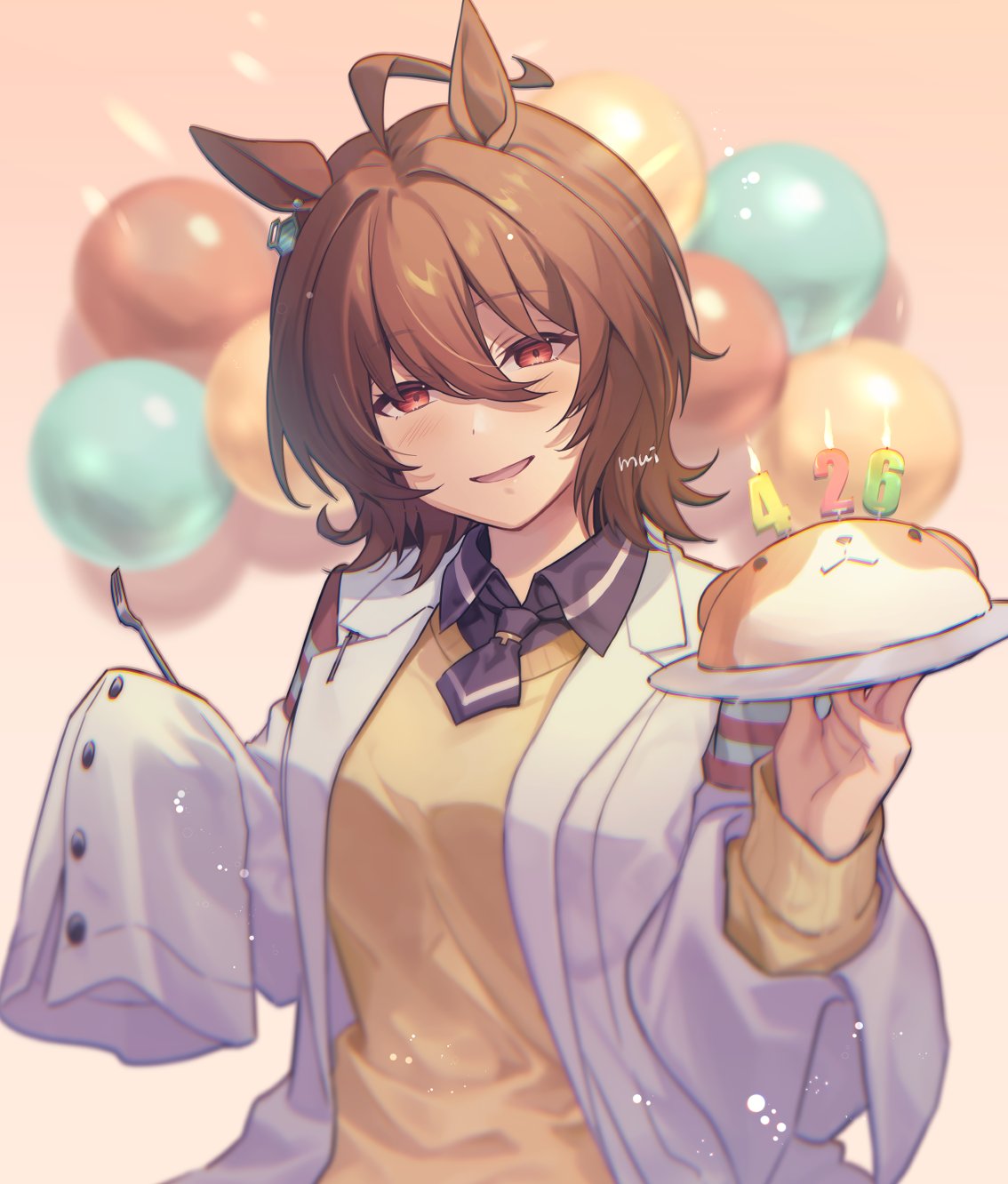 1girl agnes_tachyon_(umamusume) ahoge animal_ears balloon black_necktie black_shirt botantouki brown_hair coat commentary_request earrings highres holding holding_plate horse_ears horse_girl jewelry lab_coat messy_hair necktie open_clothes open_coat open_mouth plate red_eyes shirt single_earring sleeves_past_fingers sleeves_past_wrists smile solo sweater umamusume upper_body white_coat yellow_sweater