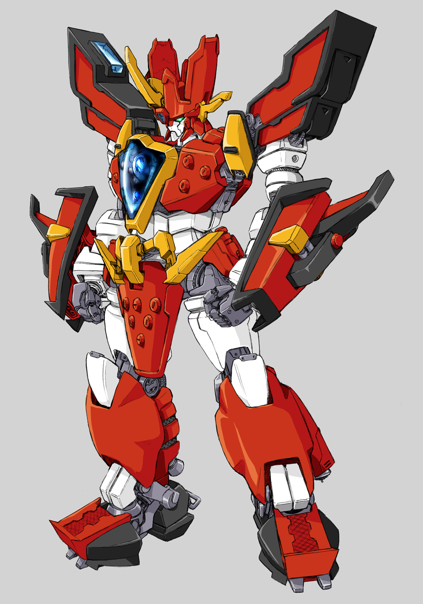 akuma_choujin clenched_hands commentary_request full_body granzort grey_background highres madou_king_granzort mecha mecha_focus no_humans robot science_fiction simple_background solo standing