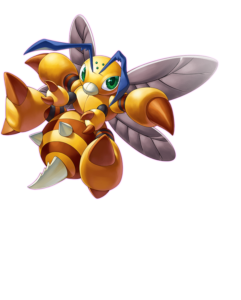 antennae bee bug colored_skin commentary digimon digimon_(creature) digimon_card_game digimon_liberator extra_arms funbeemon green_eyes insect_wings looking_at_viewer no_humans official_art orange_skin simple_background transparent_background wings