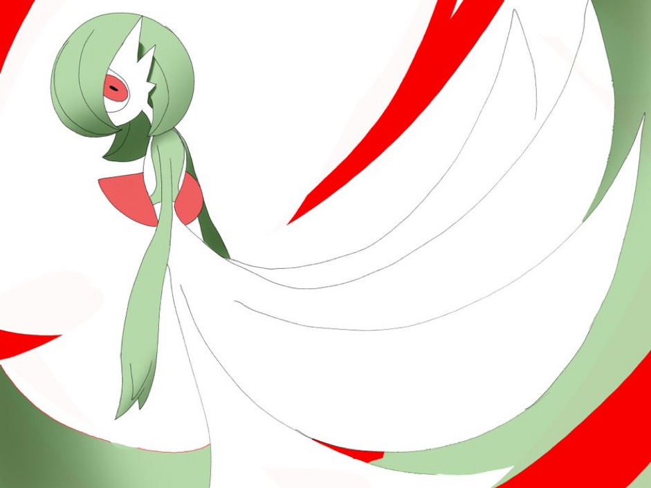 1girl ame_(metorui) arms_at_sides bob_cut colored_skin commentary dutch_angle flat_chest from_side gardevoir green_hair green_skin looking_at_viewer multicolored_skin pokemon pokemon_(creature) profile red_eyes short_hair solo standing two-tone_skin white_background white_skin