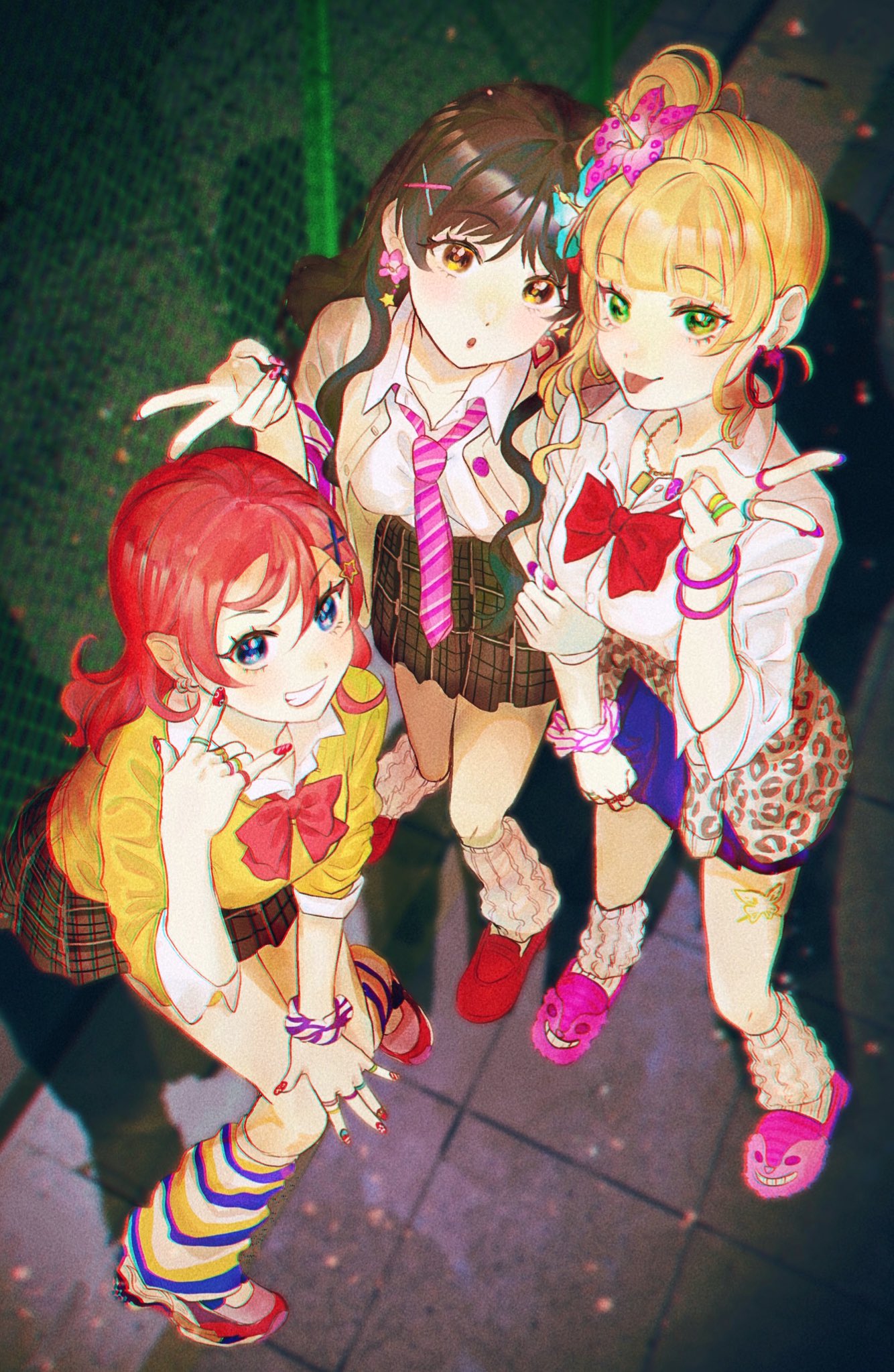 3girls :o :p alternate_costume alternate_hairstyle animal_print black_hair blonde_hair blue_eyes blunt_bangs blurry blush bow bowtie chain-link_fence chromatic_aberration clenched_teeth cross_hair_ornament curly_hair depth_of_field earrings fence flower_earrings green_eyes gyaru hair_ornament hazuki_ren heanna_sumire highres hoop_earrings jacket jewelry leaf long_hair looking_at_viewer loose_necktie loose_socks love_live! love_live!_superstar!! medium_hair multicolored_nails multiple_girls multiple_rings neck_ribbon necklace necktie open_clothes open_jacket pavement plaid plaid_skirt pleated_skirt ponytail porkmisonico red_nails redhead ribbon ring school_uniform shadow shirt shoes side_ponytail skirt smile sneakers socks star_(symbol) star_earrings sweater teeth tongue tongue_out yellow_eyes yellow_sweater yoneme_mei