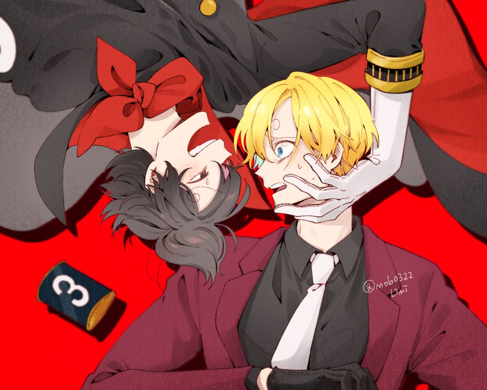 2boys alternate_eye_color alternate_hair_color alternate_hairstyle armlet bandana black_eyes black_gloves black_shirt black_suit blonde_hair blue_eyes cape collared_shirt cropped_torso curly_eyebrows dark_persona evil_smile gloves hair_over_one_eye hair_up hand_on_another's_chin hand_on_another's_face hand_on_another's_head long_bangs looking_at_another looking_to_the_side male_focus mob0322 multiple_boys necktie one_piece red_background red_bandana red_suit sanji_(one_piece) scared shirt short_hair simple_background smile suit sweatdrop twitter_username upside-down white_gloves white_necktie
