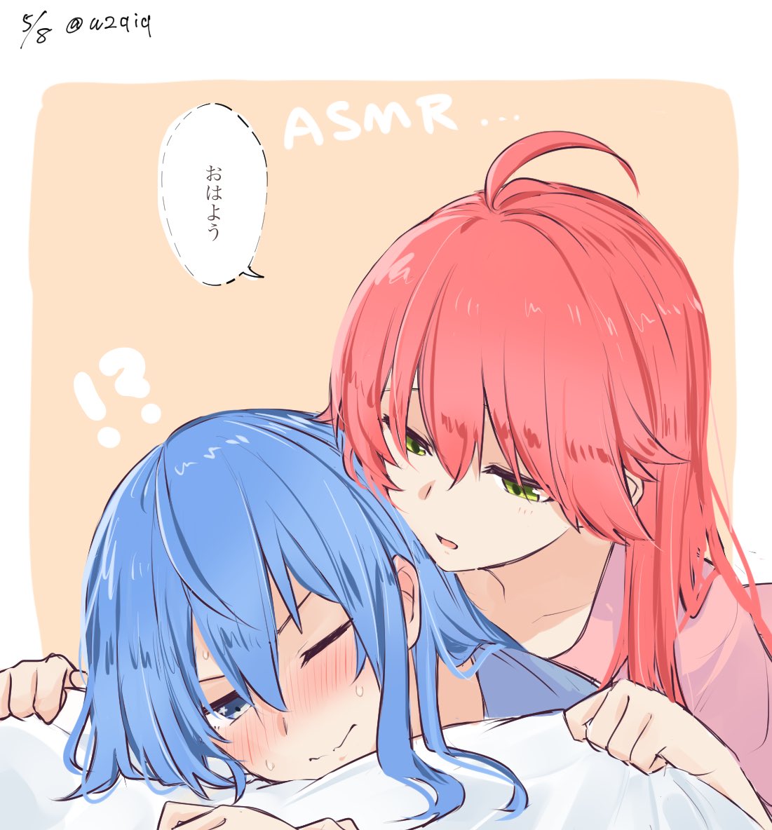 2girls asmr blue_eyes blue_hair blush brown_background closed_mouth commentary_request girl_on_top green_eyes hololive hoshimachi_suisei long_hair lying multiple_girls on_bed on_stomach one_eye_closed open_mouth pink_shirt redhead sakura_miko shirt speech_bubble sweatdrop translation_request tsubudashi two-tone_background virtual_youtuber whispering white_background yuri