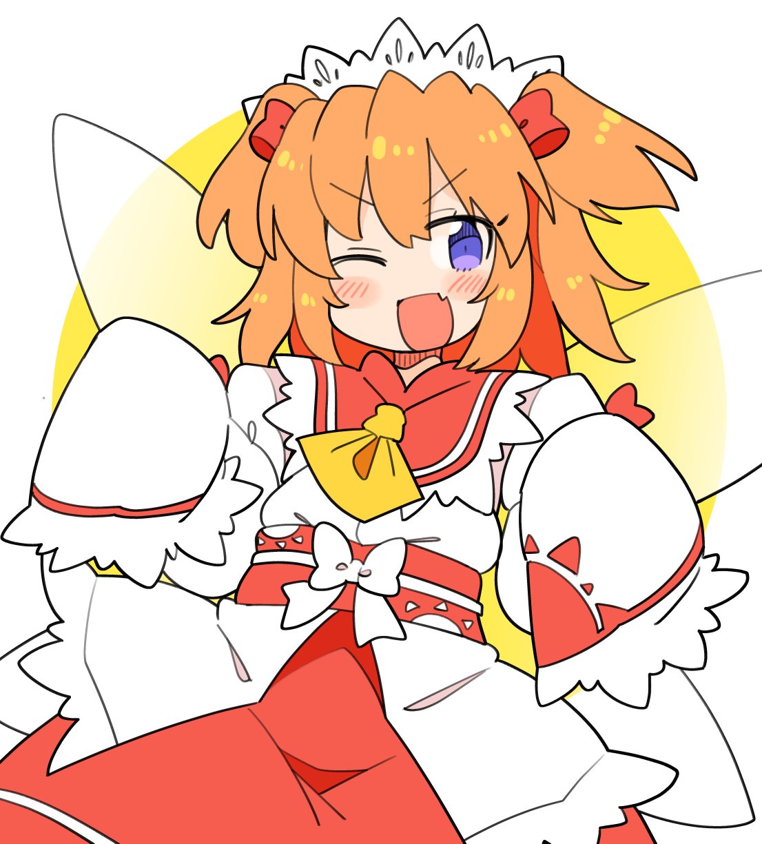 1girl blush dress fairy fairy_wings fang frilled_sleeves frills headdress highres ini_(inunabe00) looking_at_viewer one_eye_closed open_mouth orange_hair red_skirt short_hair skin_fang skirt sleeves_past_fingers sleeves_past_wrists smile solo sunny_milk touhou two_side_up violet_eyes white_dress wings
