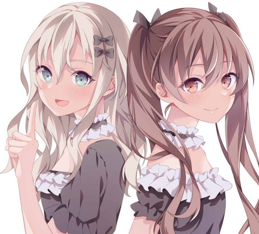 2girls alternate_costume back-to-back black_dress blonde_hair brown_eyes brown_hair dress frilled_dress frills grecale_(kancolle) grey_eyes hair_ornament hair_ribbon hairclip index_finger_raised kantai_collection kukimaru libeccio_(kancolle) long_hair looking_at_viewer multiple_girls ribbon smile twintails upper_body