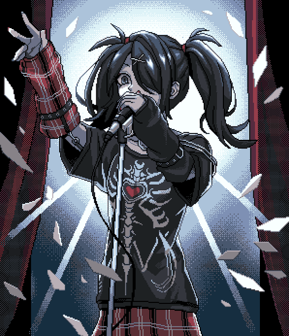 1girl ame-chan_(needy_girl_overdose) black_hair black_shirt eencya hair_ornament hair_over_one_eye microphone needy_girl_overdose official_art plaid plaid_skirt red_skirt second-party_source shirt skirt solo twintails