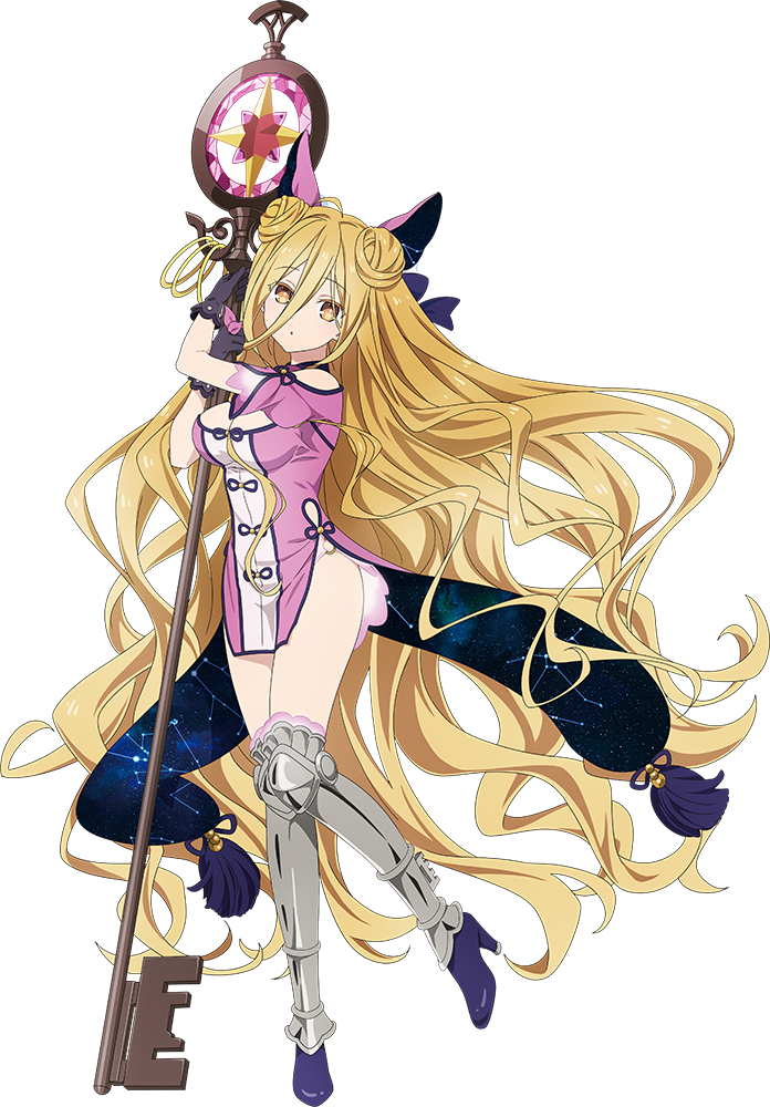 1girl :o blonde_hair boots breasts constellation date_a_live double_bun dress full_body hair_between_eyes hair_bun high_heel_boots high_heels holding holding_staff hoshimiya_mukuro key large_breasts long_hair looking_at_viewer official_art purple_dress solo staff transparent_background yellow_eyes