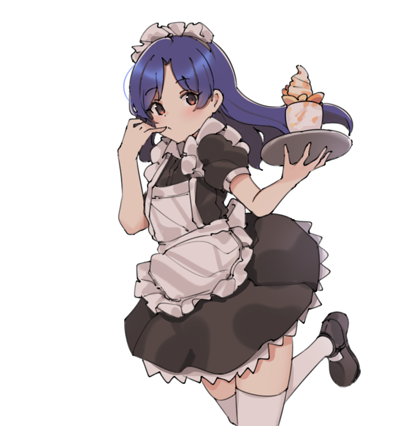 1girl aa211108 apron black_dress blue_hair blush brown_eyes cowboy_shot dot_mouth dot_nose dress flat_chest frilled_apron frills hand_to_own_mouth idolmaster idolmaster_(classic) idolmaster_million_live! idolmaster_million_live!_theater_days kisaragi_chihaya loafers long_hair looking_at_viewer maid maid_apron maid_headdress parfait parted_bangs petticoat serving shoes sidelocks simple_background solo standing standing_on_one_leg straight_hair thigh-highs white_background white_thighhighs zettai_ryouiki