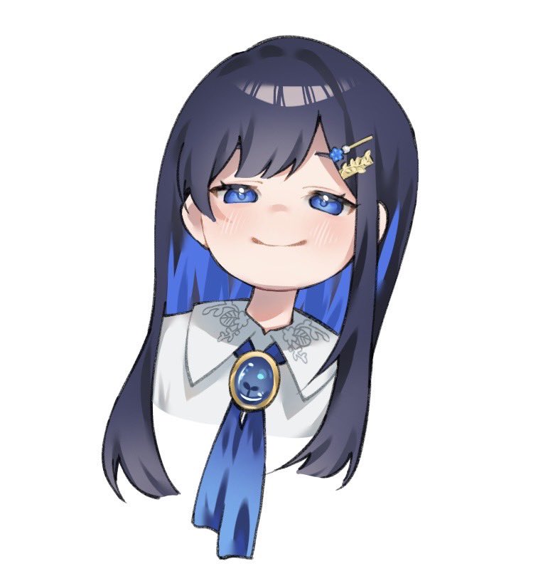 1girl black_hair blue_eyes blue_hair blue_ribbon blush brooch cevio closed_mouth colored_inner_hair commentary_request cropped_shoulders futaba_minato hair_ornament hairclip half-closed_eyes jewelry long_hair looking_at_viewer multicolored_hair neck_ribbon ribbon simple_background smile solo white_background yoimiya_(miya_yoim)