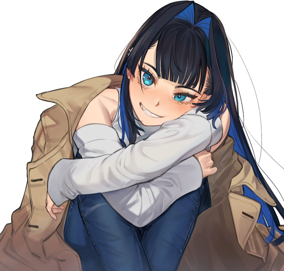 1girl black_hair blue_eyes blue_hair brown_coat clothing_cutout coat denim ear_piercing eus_ing hair_intakes hololive hololive_english jeans knees_up long_hair long_sleeves looking_at_viewer official_alternate_costume official_alternate_hairstyle open_clothes open_coat ouro_kronii ouro_kronii_(casual) pants piercing shoulder_cutout sitting smile solo teeth virtual_youtuber