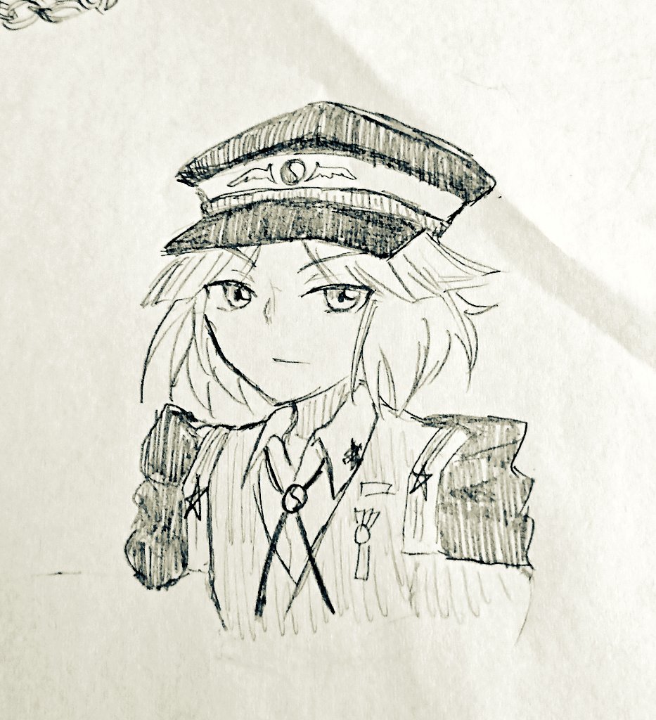1other androgynous badge blunt_bangs closed_mouth collared_shirt commentary cropped_torso expressionless fujiwara_no_shirogane_no_sanra furrowed_brow greyscale hat ion_(alkalion18) len'en looking_at_viewer military_hat military_uniform monochrome necktie other_focus parted_bangs shirt short_hair sketch solo uniform v-neck vest wing_print yin_yang yin_yang_print