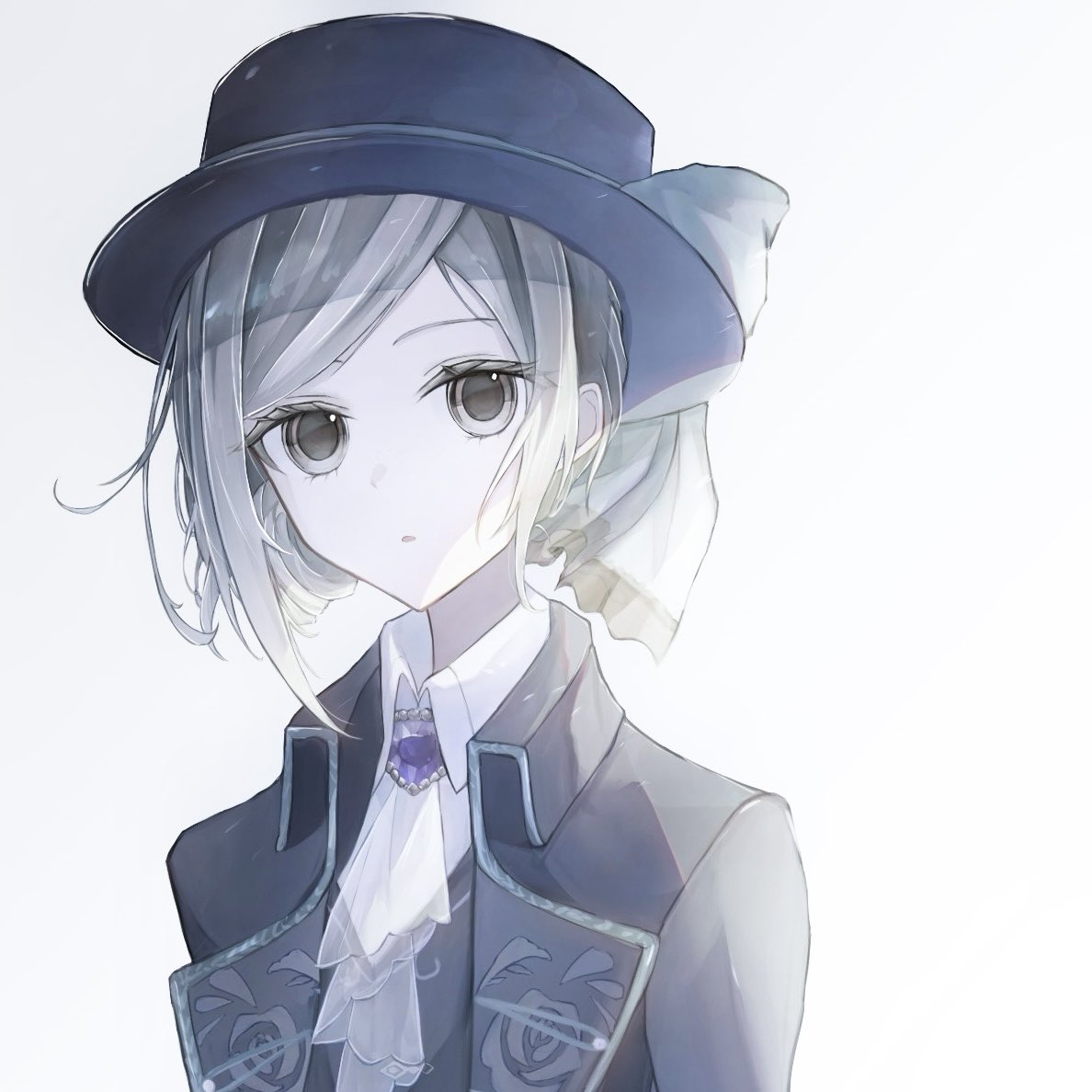 1girl ascot black_coat black_hat black_vest blue_bow boater_hat bow brooch coat collared_shirt grey_eyes grey_hair hair_bun hat hat_bow jewelry looking_at_viewer parted_lips rainyam6 reverse:1999 shirt short_hair single_side_bun solo upper_body vertin_(reverse:1999) vest waistcoat white_ascot white_background white_shirt
