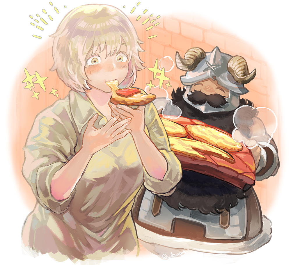 1boy 1girl ^_^ apron beard blonde_hair blush border brown_apron closed_eyes collared_shirt covered_mouth cowboy_shot dungeon_meshi eating edo_mond_(edoedoedomond) facial_hair facing_viewer fake_horns falin_thorden_(tallman) food food_in_mouth full_beard hands_up happy helmet holding holding_food holding_tray horned_helmet horns mustache orange_background outside_border pizza pizza_slice senshi_(dungeon_meshi) shirt short_hair sparkle standing steam tray white_border wide-eyed yellow_eyes yellow_shirt