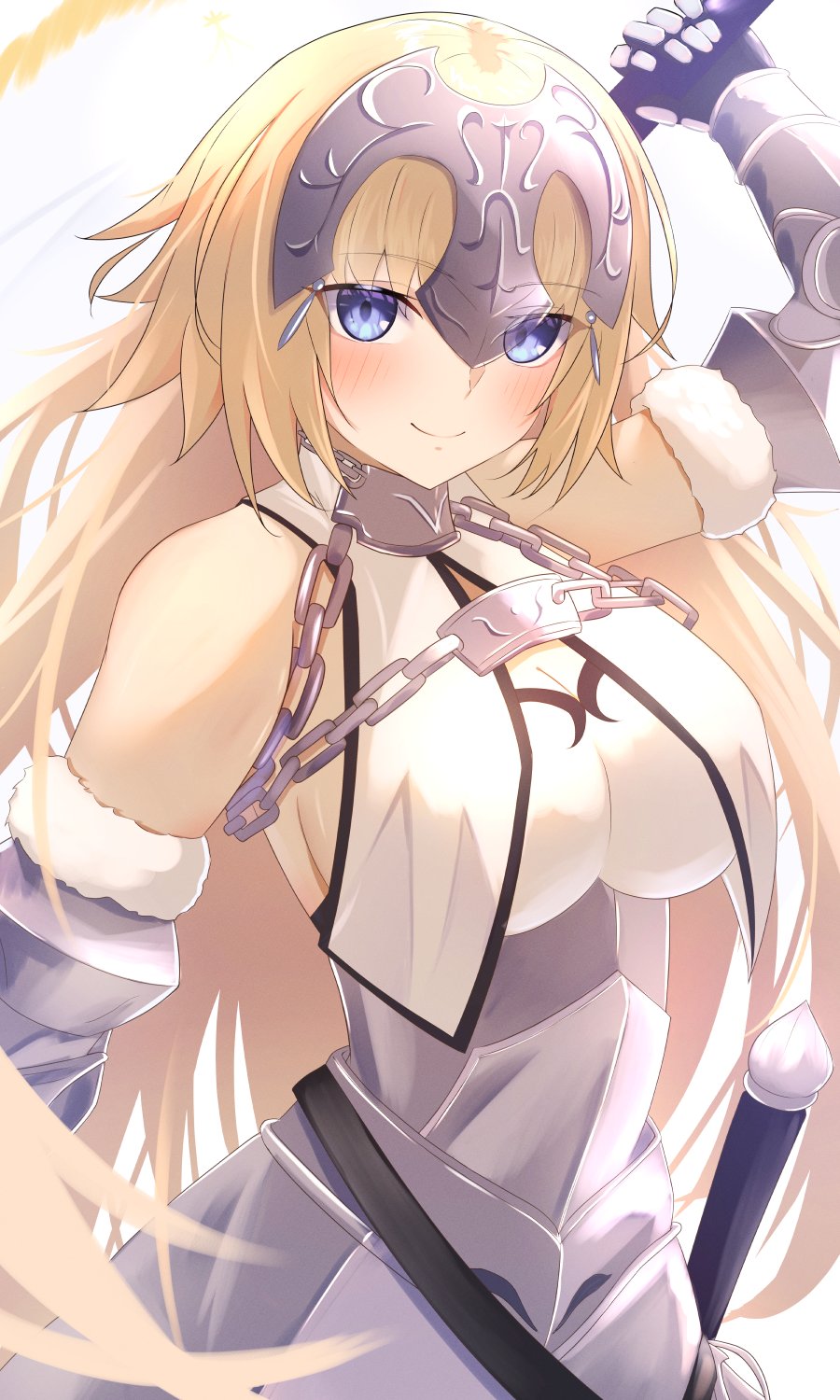 1girl armor armored_dress bare_shoulders blonde_hair blue_eyes blush breasts chain fate/grand_order fate_(series) fur_trim gauntlets gloves headpiece highres holding jeanne_d'arc_(fate) jeanne_d'arc_(third_ascension)_(fate) large_breasts long_hair looking_at_viewer smile solo sword thigh-highs umi_endu very_long_hair weapon