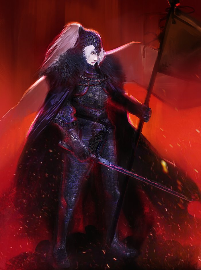1girl alter_servant armor banner black_armor black_cape breastplate cape chainmail embers english_commentary fate/grand_order fate_(series) faulds fire flag full_armor fur-trimmed_cape fur_trim gauntlets giulia_carli greaves helmet holding holding_banner holding_sword holding_weapon jeanne_d'arc_alter_(fate) knight ornate_armor painting_(medium) plume red_light redesign solo sword traditional_media weapon white_flag white_hair yellow_eyes
