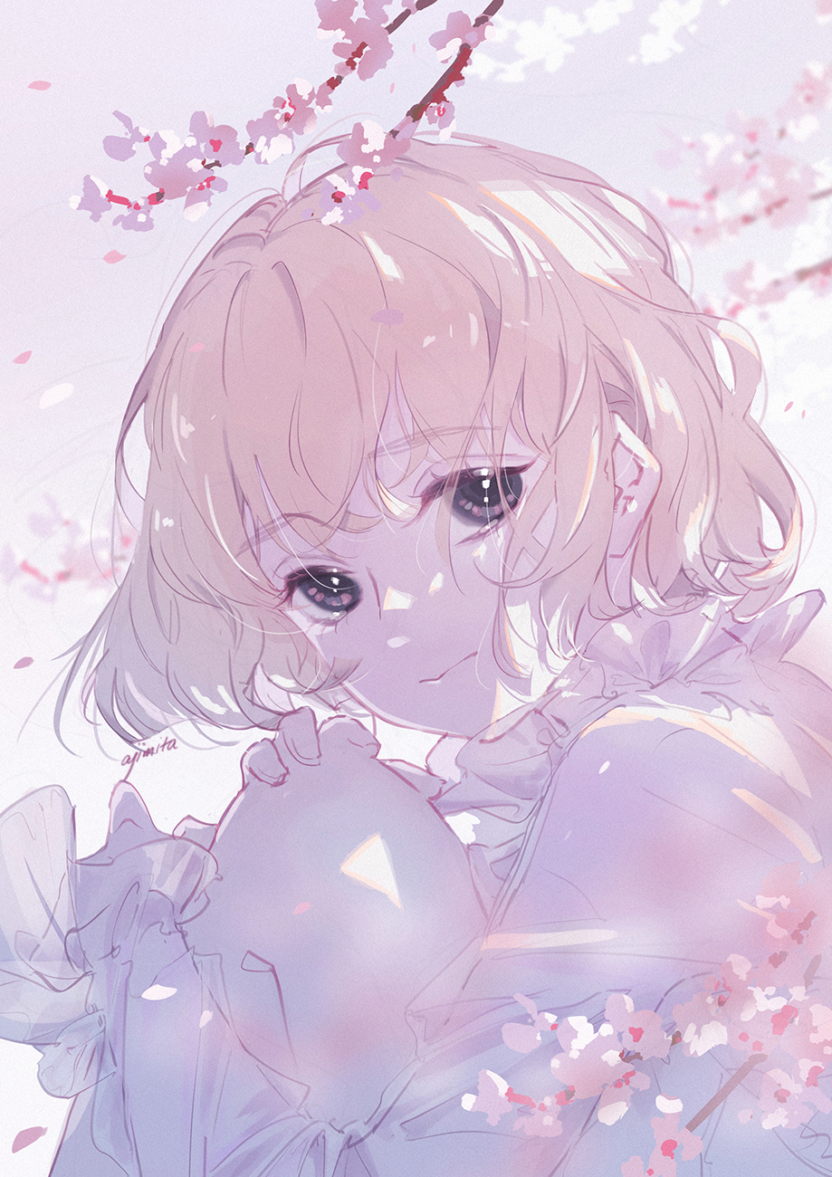 1girl ajimita artist_name black_eyes blonde_hair bob_cut branch cherry_blossoms closed_mouth commission flower frills hand_on_own_knee highres knees_up long_sleeves looking_at_viewer original petals pixiv_commission see-through shirt short_hair signature solo