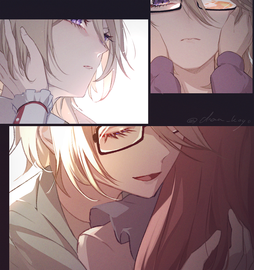 2girls brown_hair close-up closed_mouth glasses hair_between_eyes hand_on_another's_face hand_up hands_on_another's_face hug ko_(kochan_pr) long_sleeves multiple_girls multiple_views open_mouth out_of_frame pretty_series smile sumeragi_amane_(pretty_series) violet_eyes waccha_primagi! yayoi_hina yuri