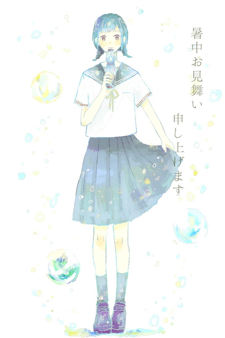 1girl :| black_footwear black_hair bottle braid bubble closed_mouth commentary_request full_body holding holding_bottle loafers looking_at_viewer neck_ribbon original pleated_skirt ramune ribbon sailor_collar school_uniform serafuku shirt shoes short_sleeves skirt skirt_hold socks solo standing straight-on tennoo translation_request twin_braids white_background white_shirt