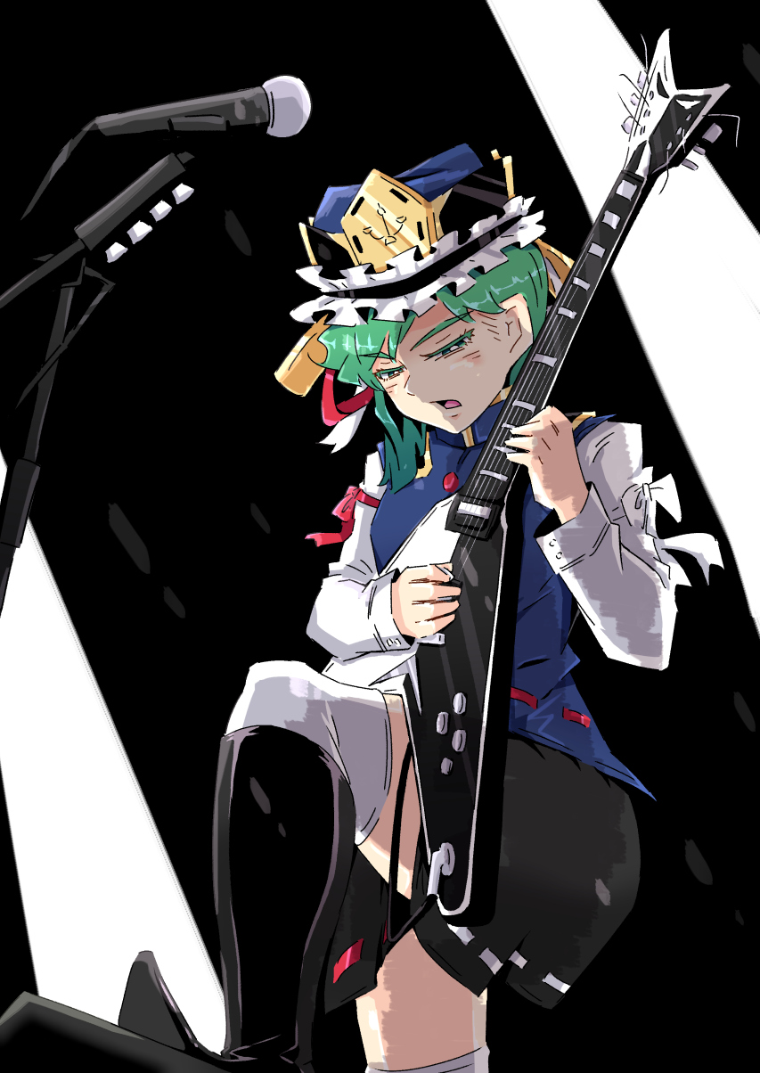 1girl asymmetrical_hair black_background black_footwear black_skirt blue_hat blue_vest bright_pupils commentary_request electric_guitar frilled_hat frills green_eyes green_hair guitar hat highres instrument long_sleeves looking_at_viewer microphone open_mouth ribbon-trimmed_skirt ribbon_trim sakamoto_fred shiki_eiki short_hair skirt solo thigh-highs touhou two-tone_background vest white_background white_pupils white_thighhighs