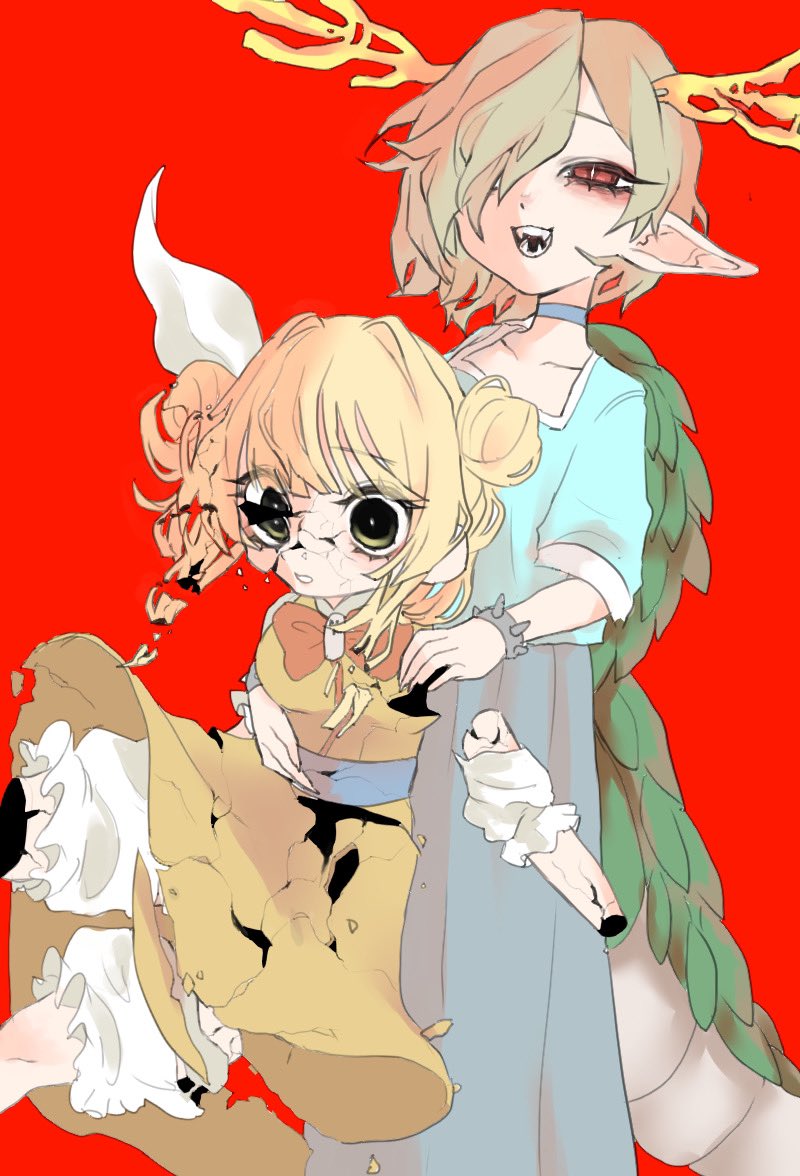 2girls amputee antlers blonde_hair bloomers blue_shirt blue_skirt bow bowtie bracelet choker cracked_skin damaged double_bun dragon_girl dragon_horns dragon_tail dress fangs hair_bun hair_over_one_eye hair_ribbon haniwa_kue horns jewelry joutouguu_mayumi kicchou_yachie looking_at_viewer missing_limb multiple_girls open_mouth pointy_ears red_background red_bow red_bowtie red_eyes ribbon sharp_teeth shirt short_hair short_sleeves simple_background skirt smile tail tears teeth touhou turtle_shell underwear white_bloomers white_ribbon yellow_dress yellow_eyes