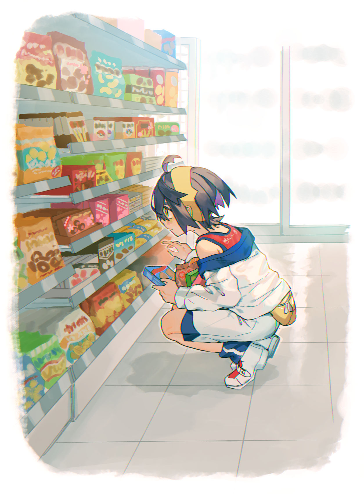1boy black_hair border closed_mouth convenience_store food from_side hair_between_eyes highres holding holding_food indoors jacket kieran_(pokemon) long_sleeves male_focus meno_oku mole mole_on_neck off_shoulder pokemon pokemon_sv profile purple_hair red_tank_top shoes shop shorts snack socks solo squatting tank_top white_border white_footwear white_jacket white_shorts