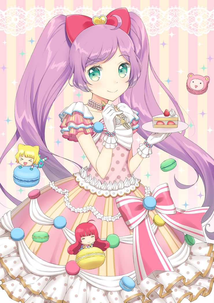 3girls :d ahoge blonde_hair blunt_bangs bow cake cake_slice character_food chibi closed_mouth commentary_request cowboy_shot double_bun dress food fork frilled_dress frills gloves green_eyes hair_bow hair_bun hands_up hojo_sophy holding holding_fork holding_plate jewelry kuma_(pripara) long_hair looking_at_viewer macaron manaka_laala minami_mirei mini_person minigirl multiple_girls necklace open_mouth pink_bow pink_dress plate pretty_series pripara purple_hair redhead short_hair short_sleeves smile solo_focus standing strawberry_shortcake striped_background twintails unya_(unya-unya) very_long_hair white_gloves
