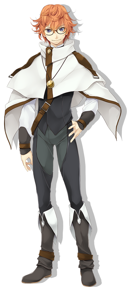 1boy atelier-moo belt bespectacled bishounen black_footwear blue_eyes boots brown_hair cloak closed_mouth eleick_meola full_body glasses hair_between_eyes hand_on_own_hip highres jewelry long_sleeves looking_at_viewer necklace short_hair smile solo standing transparent_background wavy_hair white_cloak wizards_symphony