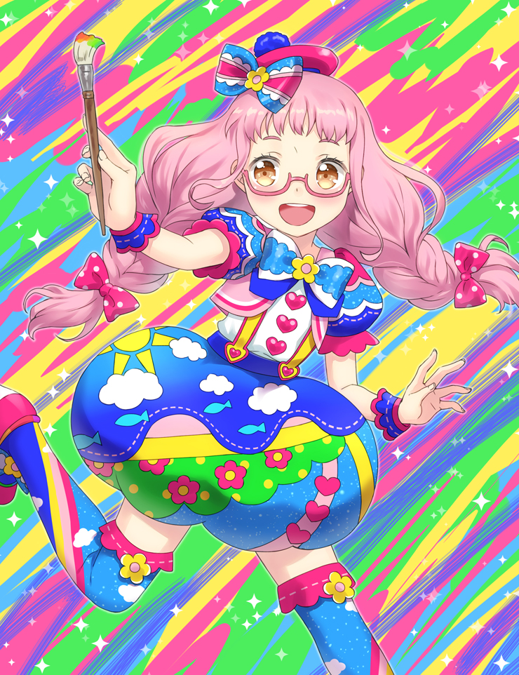 1girl :d beret blue_skirt blue_thighhighs blush bow braid brown_eyes bubble_skirt colorful commentary_request cropped_jacket glasses hat holding holding_paintbrush idol_clothes kiki_ajimi long_hair looking_at_viewer multicolored_background open_mouth paintbrush pink-framed_eyewear pink_bow pink_hair pretty_series print_skirt pripara puffy_short_sleeves puffy_sleeves shirt short_sleeves skirt smile solo standing standing_on_one_leg suspender_skirt suspenders thigh-highs twin_braids unya_(unya-unya) white_shirt wrist_cuffs