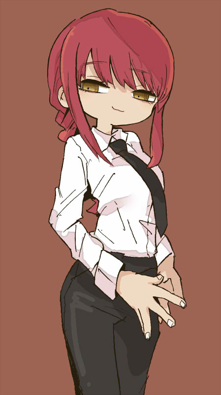 :3 black_necktie black_pants brown_background chainsaw_man deformed fingernails looking_at_viewer makima_(chainsaw_man) naaaaaaaa necktie pants redhead shirt simple_background smirk spread_fingers standing white_shirt yellow_eyes