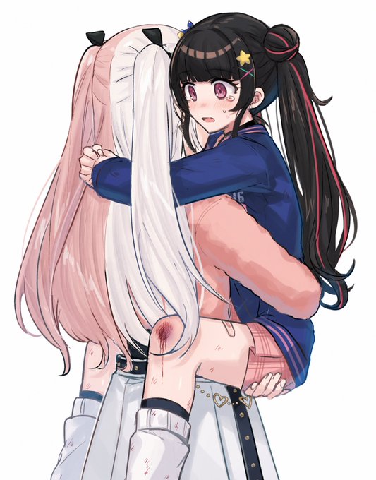 2girls aoki_shizumi arms_around_neck black_hair blood blood_on_leg blue_shirt carrying carrying_person commentary_request d4dj double_bun hair_bun hair_ornament hairclip hand_on_another's_thigh injury jacket kaibara_michiru long_hair multicolored_hair multiple_girls pink_hair pink_jacket pink_skirt pleated_skirt red_eyes scraped_knee shinomiya_kokoa shirt simple_background skirt socks star_(symbol) star_hair_ornament streaked_hair tearing_up tears twintails two-tone_hair white_background white_hair white_shirt white_socks