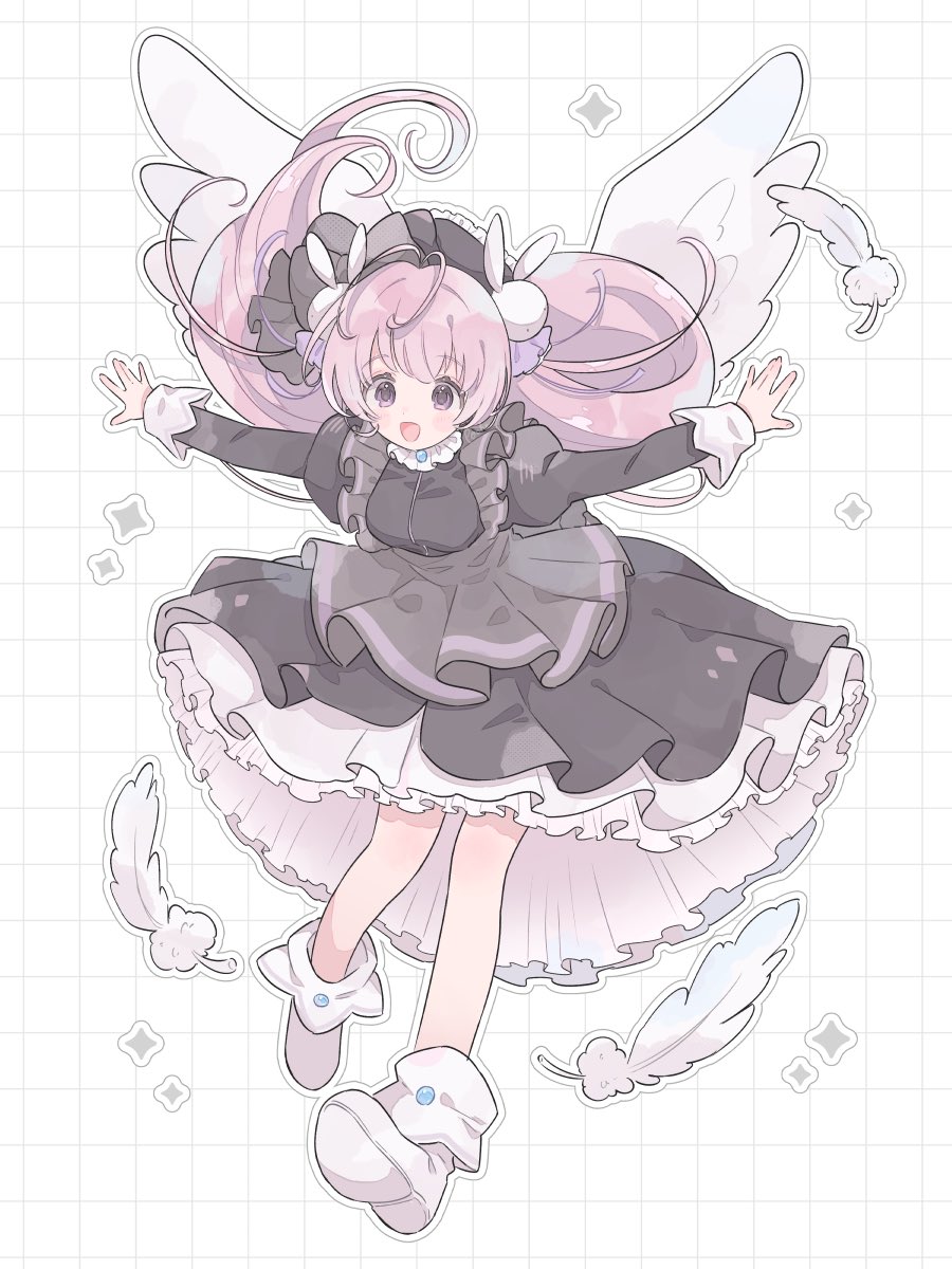 1girl angel_wings black_dress black_hat breasts commentary dress feathers grid_background hair_ornament highres juliet_sleeves layered_dress leaning_forward long_hair long_sleeves looking_at_viewer medium_breasts misha_(pita_ten) open_mouth outline outstretched_arms pink_hair pita_ten poche_(opochepoche) puffy_sleeves rabbit_hair_ornament simple_background smile solo sparkle spread_arms two_side_up white_background white_dress white_footwear white_wings wings